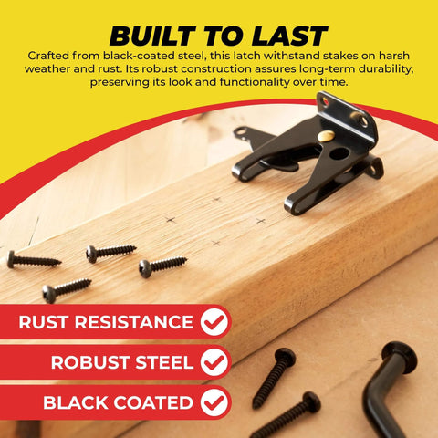 Black Self Locking Automatic Gravity Lever Fence Gate Latch on wooden board with screws, rust-resistant steel, durable construction.
