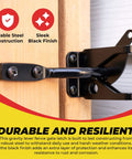 Self Locking Automatic Gravity Lever Fence Gate Latch, Steel, Black on wood door, showcasing sleek black finish and durable construction.