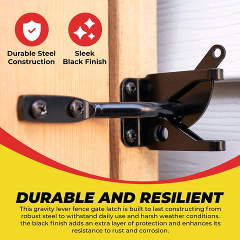 Self Locking Automatic Gravity Lever Fence Gate Latch, Steel, Black on wood door, showcasing sleek black finish and durable construction.