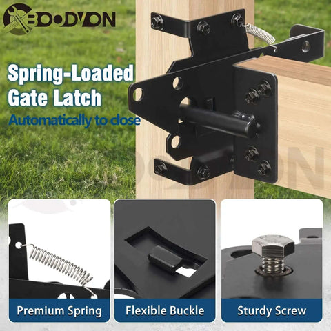 Self Locking Gate Latch For Wooden Fence Heavy Duty Post Mount Automatic Gate Lock shown with spring-loaded mechanism and black finish