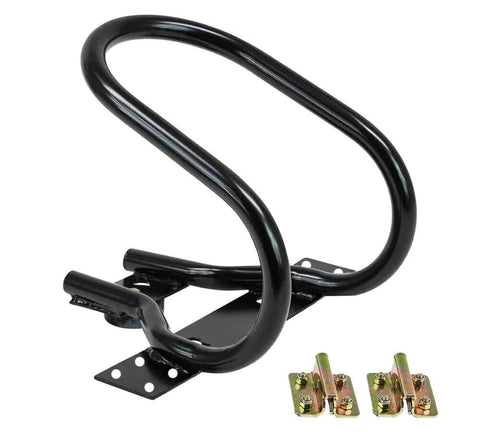 7 Inch Steel Motorcycle Wheel Chock For E Track And X Track System Powder Coated Black Fits Front Tires Up To 7 Inches Wide And 12 Inch Depth Ideal For Trailer Use 2 Pack By Mytee Products, side view