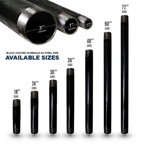 Various sizes of black coated steel pipes ranging from 18 to 72 inches, highlighting the 1 inch black pipe kit 5 pack 72 inch length threaded malleable steel pipes.