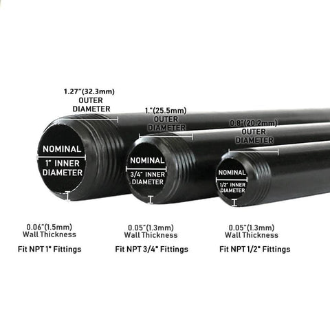 Three black steel pipes with measurements for 6 Pack 3 Quarter Inch Black Metal Pipe 36 Inch Pre Cut Industrial Steel Set For Vintage DIY Industrial Shelving
