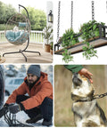 Collage of uses for 1/3'' x 16.4 Ft Long Black Chain for Hanging, including porch swing, decorative plant hanger, tire chain, and dog lead.