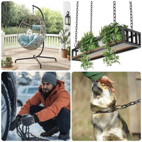 Collage of uses for 1/3'' x 16.4 Ft Long Black Chain for Hanging, including porch swing, decorative plant hanger, tire chain, and dog lead.