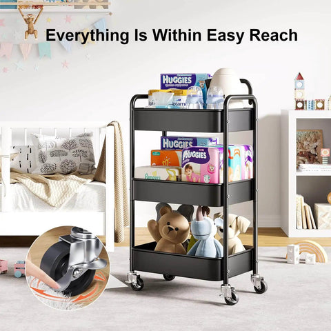 Three Tier Rolling Cart On Wheels, Heavy Duty Metal Utility Trolley With Lockable Wheels, Steel Storage Cart for craft room shown