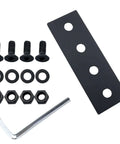 Black Carbon Steel Barn Door Track Splice Piece 80mm Metal Splice Plate Repair Fastener with nuts, screws, washers, and spanner.