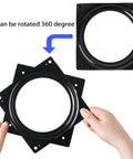 Hands holding 6 inch black steel lazy susan turntable; illustration of 360 spin feature; 2 pack heavy duty square rotating trays.