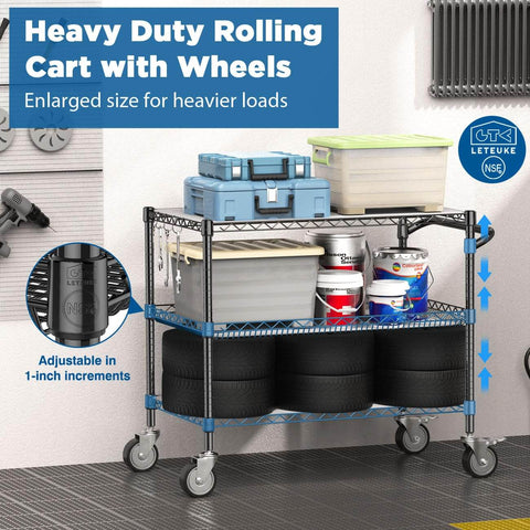 Heavy Duty Rolling Utility Cart With Wheels For Kitchen And Restaurant Use Kitchen Workhorse 45 Inch NSF Certified Commercial Grade Steel Cart 1120 Lbs Capacity With Handle And Shelf Liners Black Leteuke