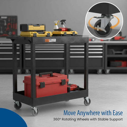 32 Inch Tub Storage Cart With Two Shelves Black Built For Maximum Capacity Ergonomic Top Handle And Super Handy Maneuver Four Swivel Casters With Two Locking Brakes Molded Plastic Shelves And Legs Won't Stain Scratch Dent Or Rust shown with tools in garage setting