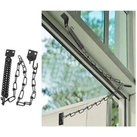 Heavy Duty Storm Door Closer With Screen Door Chain Protector built to last, shown installed on outdoor door frame, rust resistant black finish.