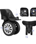4 Pcs Black Luggage Wheels Replacement Plastic Universal Wheel Accessories For Suitcase Left And Right Swivel Caster With 4 Holes And 360 Degree Rotation Dimensions 4.01 By 3.58 By 3.58 Inches shown in different angles with measurements.