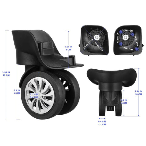 4 Pcs Black Luggage Wheels Replacement Plastic Universal Wheel Accessories For Suitcase Left And Right Swivel Caster With 4 Holes And 360 Degree Rotation Dimensions 4.01 By 3.58 By 3.58 Inches shown in different angles with measurements.