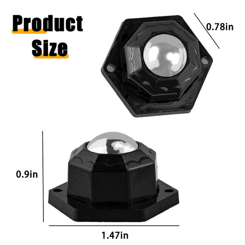 Four Ball Bearing Rollers With 360 Degree Swivel Universal Ball Casters, 200 Pound Capacity, Self-Adhesive Mini Casters For Trash Cans, Storage Cabinets, Small Furniture And Appliances, Black, showing product dimensions.