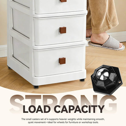 Heavy Duty Self Adhesive Swivel Caster Wheels 8 Pack 1 Inch shown installed on a storage unit, highlighting strong load capacity