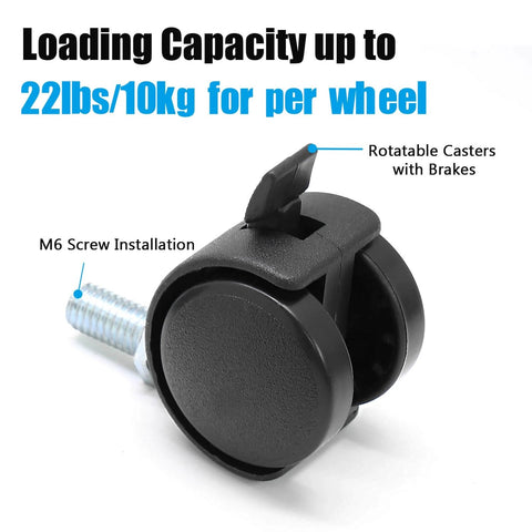 Close-up of a black nylon 1 inch swivel caster wheel with M8 threaded stem and brake, labeled loading capacity and features.