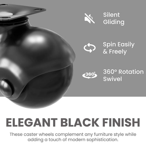 Close-up of 2 Inch Caster Wheels for Furniture Set of 4 Heavy Duty Swivel Plate Casters, black polypropylene with steel plates.