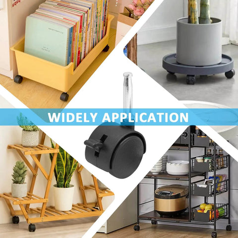 4pcs 1.5 Inch Swivel Caster Wheels with M8 Grip Neck Stem and Brake, heavy duty black nylon for furniture and storage shelves.