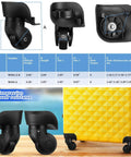 4 Pcs Large Luggage Wheels Replacement Kit with Left and Right Swivel Casters Featuring Mute Bearings Black Finish dimensions overview