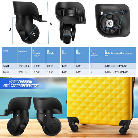 4 Pcs Large Luggage Wheels Replacement Kit with Left and Right Swivel Casters Featuring Mute Bearings Black Finish dimensions overview