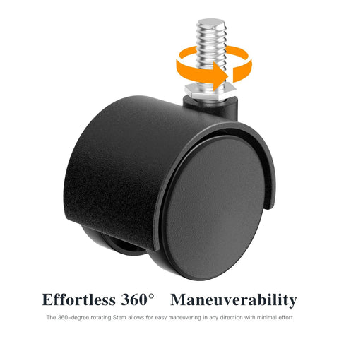 Close-up of 2 Inch Furniture Casters Set Of 4 With 5/16 Inch Threaded Stems Nylon Wheels Black Swivel Casters showcasing 360-degree rotation.
