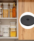 Black 5 Inch Heavy Duty Rotating Swivel Stand With 360 Degree Rotation Lazy Susan Turntable in a kitchen cabinet