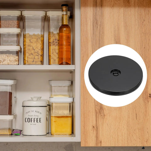 Black 5 Inch Heavy Duty Rotating Swivel Stand With 360 Degree Rotation Lazy Susan Turntable in a kitchen cabinet