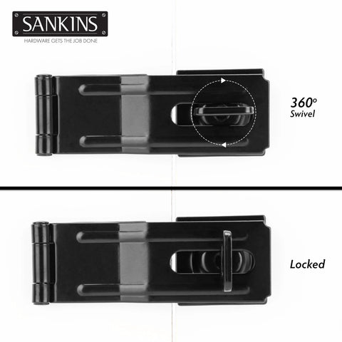 Top view of Four And A Half Inch Swivel Staple Safety Hasps with twist knob locking, black zinc plated steel, showing 360° swivel feature.