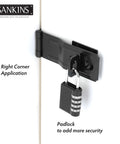 Four And A Half Inch Swivel Staple Safety Hasps With Twist Knob Locking for fence gate and cabinet, black finish, right corner view