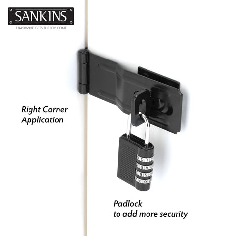 Four And A Half Inch Swivel Staple Safety Hasps With Twist Knob Locking for fence gate and cabinet, black finish, right corner view
