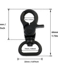 Five Eighth Inch Swivel Trigger Snap Hook Lobster Claw Clasp Spring Loaded Clip With D Ring Ended Black, 44mm, front view with measurements.