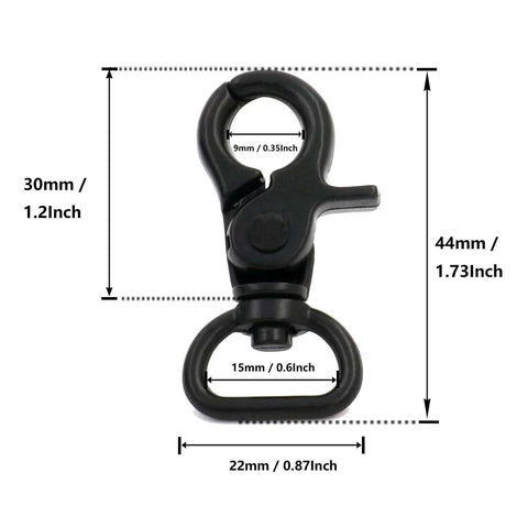 Five Eighth Inch Swivel Trigger Snap Hook Lobster Claw Clasp Spring Loaded Clip With D Ring Ended Black, 44mm, front view with measurements.
