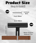Bulk 50 Pack 2 Inch Black Matte T Bar Cabinet Knobs with 1 Inch Screws Included dimensional illustration