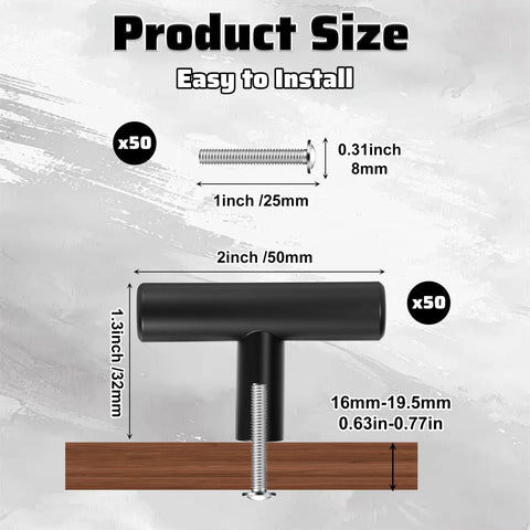 Bulk 50 Pack 2 Inch Black Matte T Bar Cabinet Knobs with 1 Inch Screws Included dimensional illustration