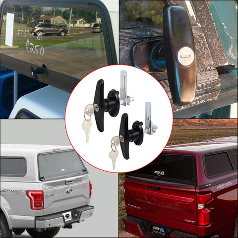 Left And Right Truck Cap Locking T-Handle Set With Keyed Alike Universal Key System Black Camper Shell Locks For Topper Complete 2 Locks.