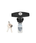 Durable zinc alloy T-handle door lock set with black corrosion-resistant finish, shown with keys, ideal for RVs and trailers