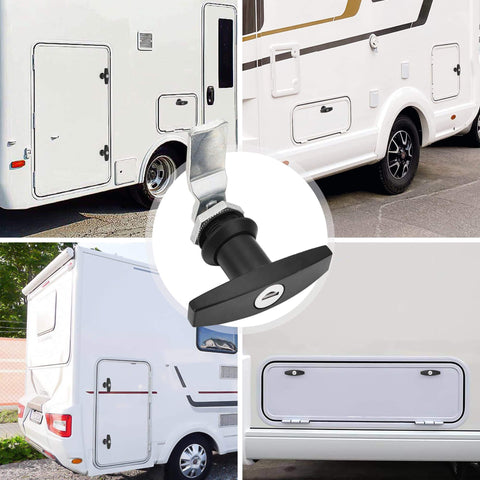 Durable zinc alloy T-handle door lock set with black corrosion-resistant finish keeps rigs and gear secure; keyed alike