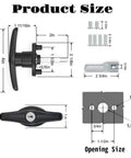 Dimensions of keyed T-handle locks for camper shells with hardware, zinc alloy construction, left and right installation compatible.