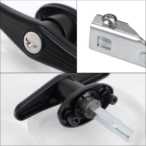 Close-up of Left And Right Truck Cap Locking T-Handle Set With Keyed Alike Universal Key System Black Camper Shell Locks For Topper