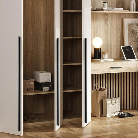 Five Pack Black T Shape Cabinet Pulls For Cabinets And Dressers, 19.69 Inch Long Durable Aluminum Alloy Hardware on white cupboard doors