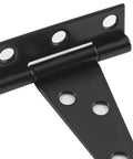 Close-up of a black 2-inch T-strap hinge from Six Pack 2 Inch Black T Strap Shed Hinge Beefy Heavy Duty Barn Door Hinges
