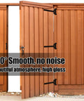 Wooden gate with 12-Inch Black Powder Coated T-Strap Gate Hinges, displaying smooth 180-degree swing, rust-resistant for heavy-duty mounting