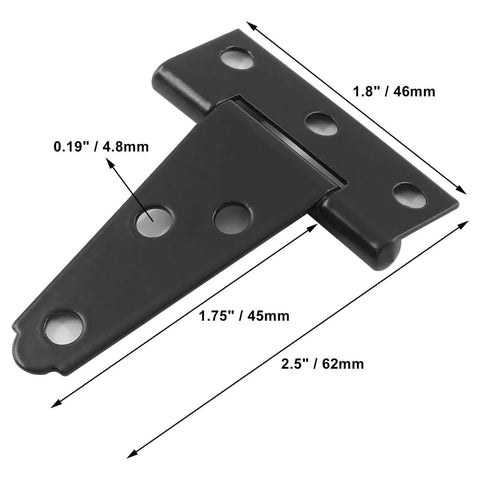 Six Pack 2 Inch Black T Strap Shed Hinge Beefy Heavy Duty Barn Door Hinges for barn doors, sheds, and wooden fences, with dimensions.