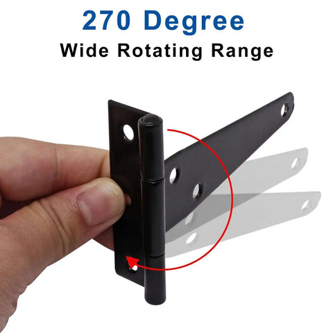 Hand holding Six Pack 4 Inch T Strap Hinges Black Outdoor Gate Hinges, showing 270-degree wide rotating range.