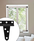 Six Pack 2 Inch Black T Strap Shed Hinge Beefy Heavy Duty Barn Door Hinges on white window with tree view