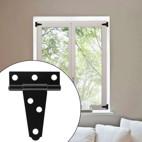 Six Pack 2 Inch Black T Strap Shed Hinge Beefy Heavy Duty Barn Door Hinges on white window with tree view