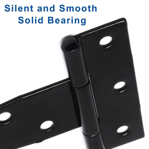 Close-up of Six Pack 4 Inch T Strap Hinges Black Outdoor Gate Hinges For Wooden Fences with silent bearing feature