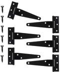 Six Pack 4 Inch T Strap Hinges Black Outdoor Gate Hinges For Wooden Fences with screws, made of rugged carbon steel with galvanized matte black finish.