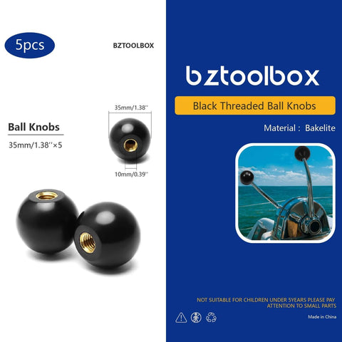 Five Pack 3/8-16 Threaded Ball Knobs For Lawn Mowers 1-3/8 Inch Diameter Bakelite Thermoset Handle Black