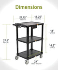 Mobile Utility Cart With Three Shelves And Three Outlets And Eight Foot Cord For Office And Warehouse Use Heavy Duty Workhorse Service Cart With Four Swivel Wheels And Push Handle Black Finish By Pearington with dimensions shown